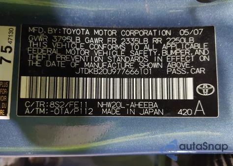 2007 Toyota Prius z USA, uszkodzony, nr VIN JTDKB20U977666101